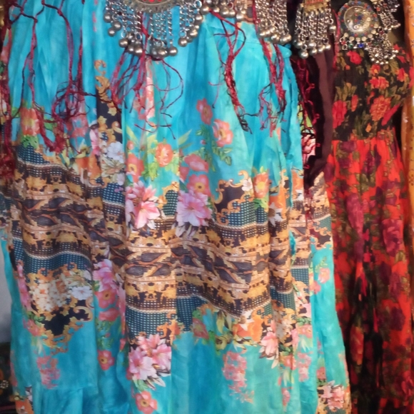 Gorgeous Turquoise Blue and Oranges 25Yard ATS Tribal Bellydance Skirt 36" - Picture 3 of 3